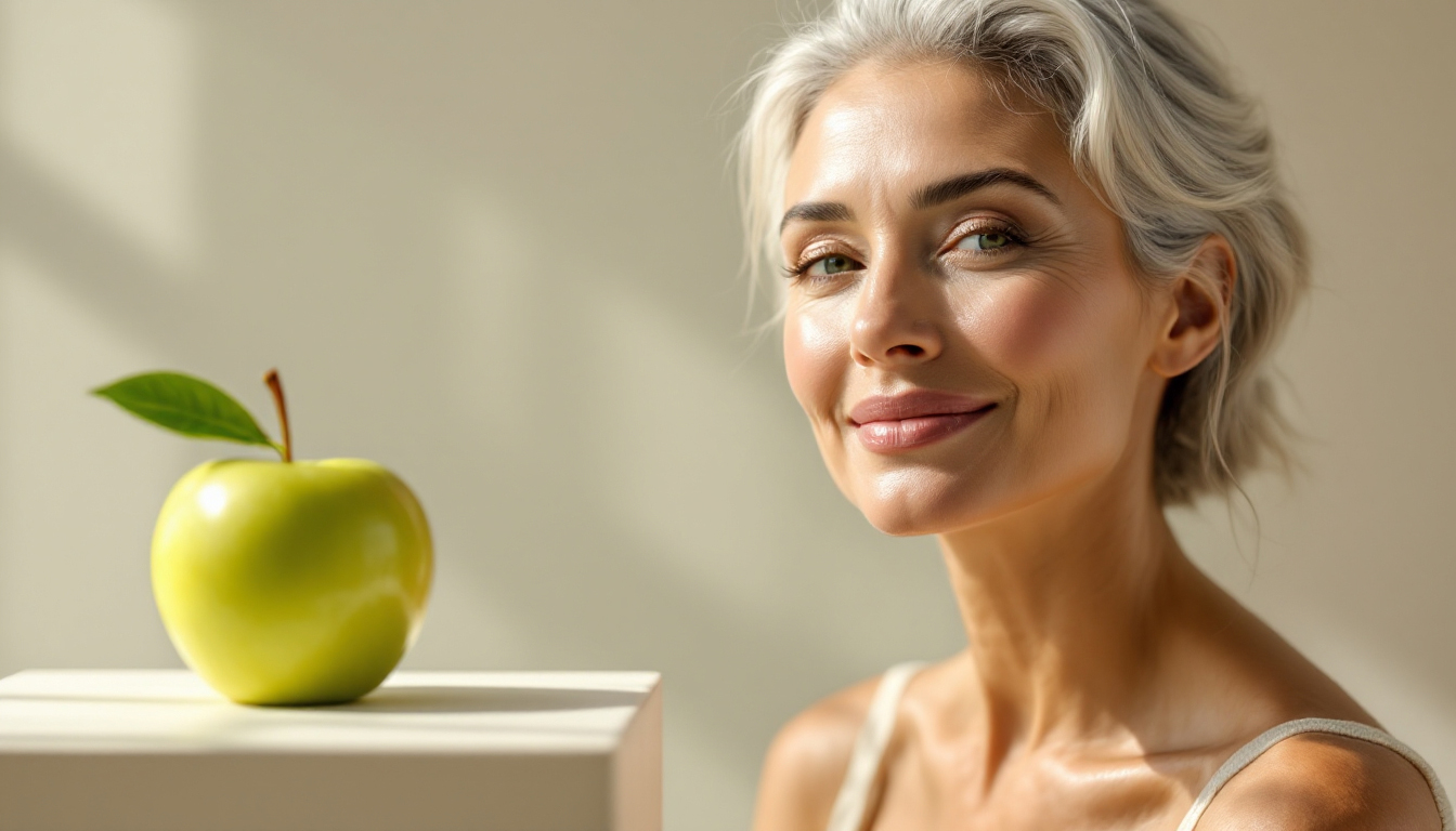 Reife Frau mit strahlender Haut neben Apfel und Molekül-Illustration – Symbol für Stammzellen in der Kosmetik